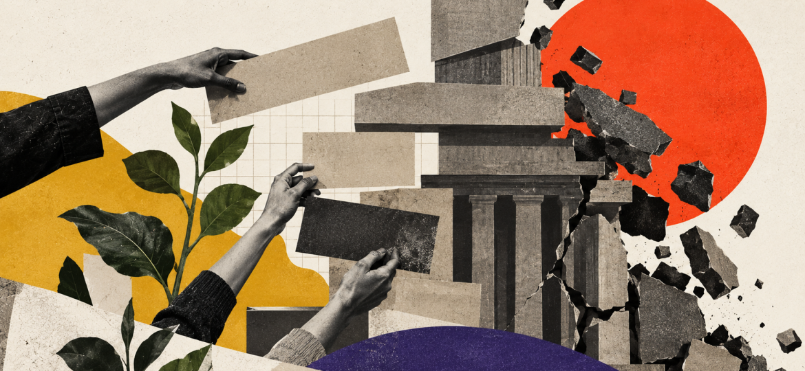 Collage editorial de instituciones en ruinas