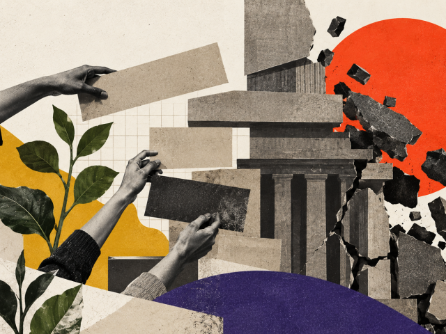 Collage editorial de instituciones en ruinas